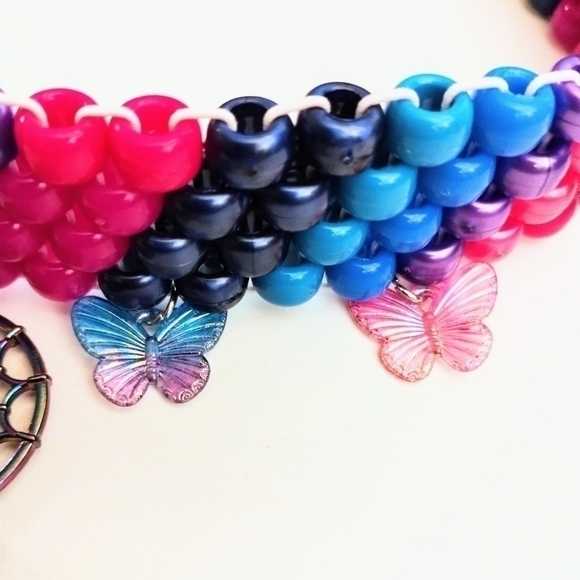 HANDMADE Iridescent Kandi Choker with Dreamcatcher and Butterfly Charms - Picture 6 of 13